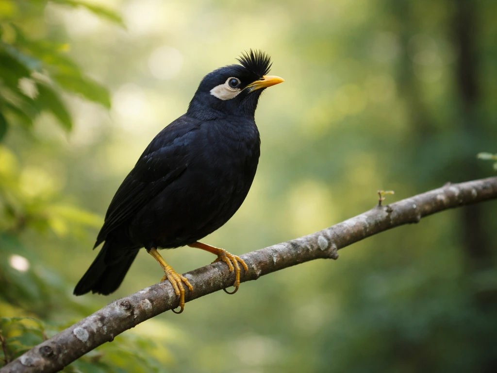 Crested Myna bird perched on a branch in a sunlit forest, sharp focus and natural background bokeh.