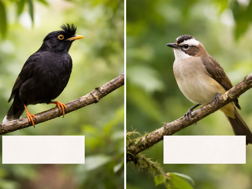 Crested myna perched on a branch with a second bird nearby to suggest common-name confusion.