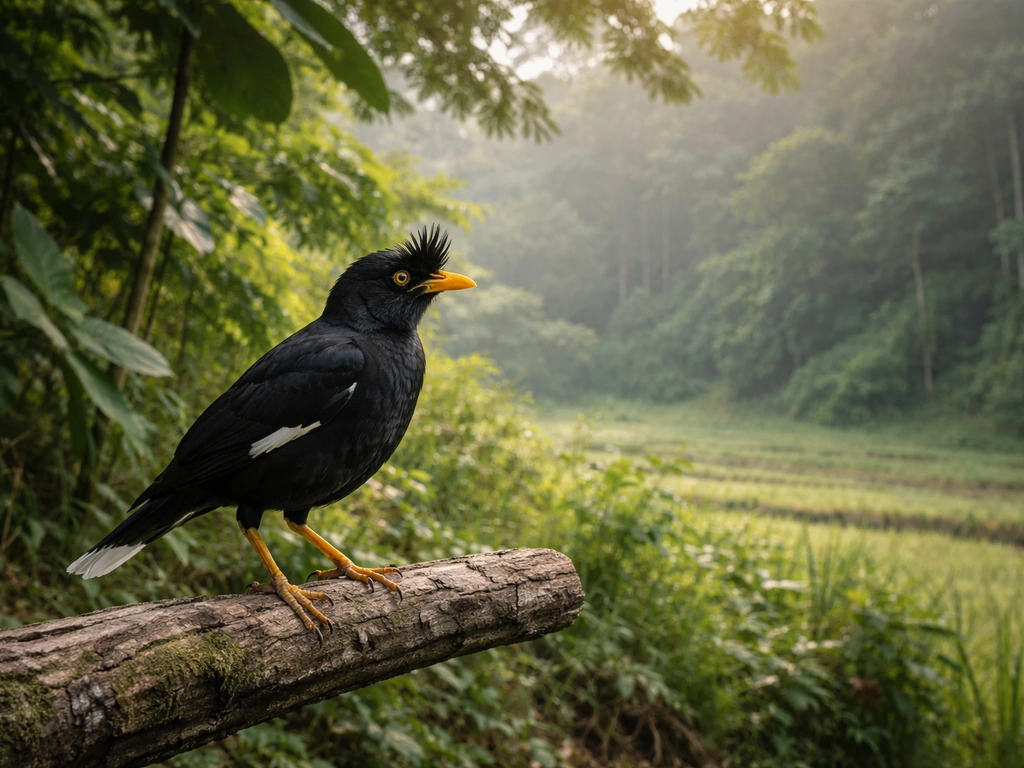 Crested myna perched on a branch at a forest edge beside faint farmland in warm morning light.