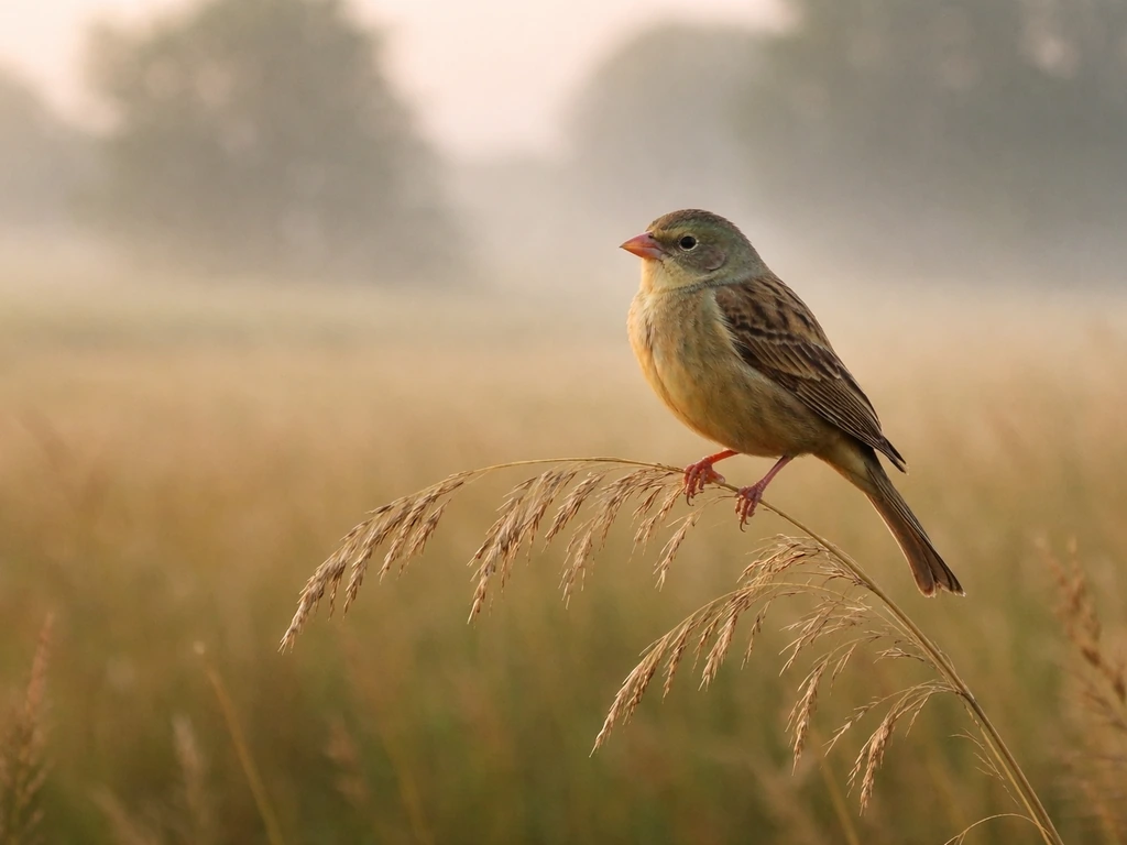 Ortolan bunting perched on grass in a misty European farmland field, documentary-style natural light.