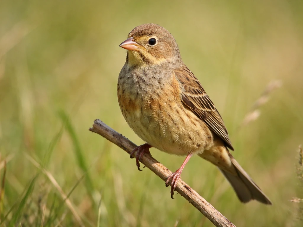 Ortolan bunting perched on a twig in a grassy field, showing its natural feather markings.