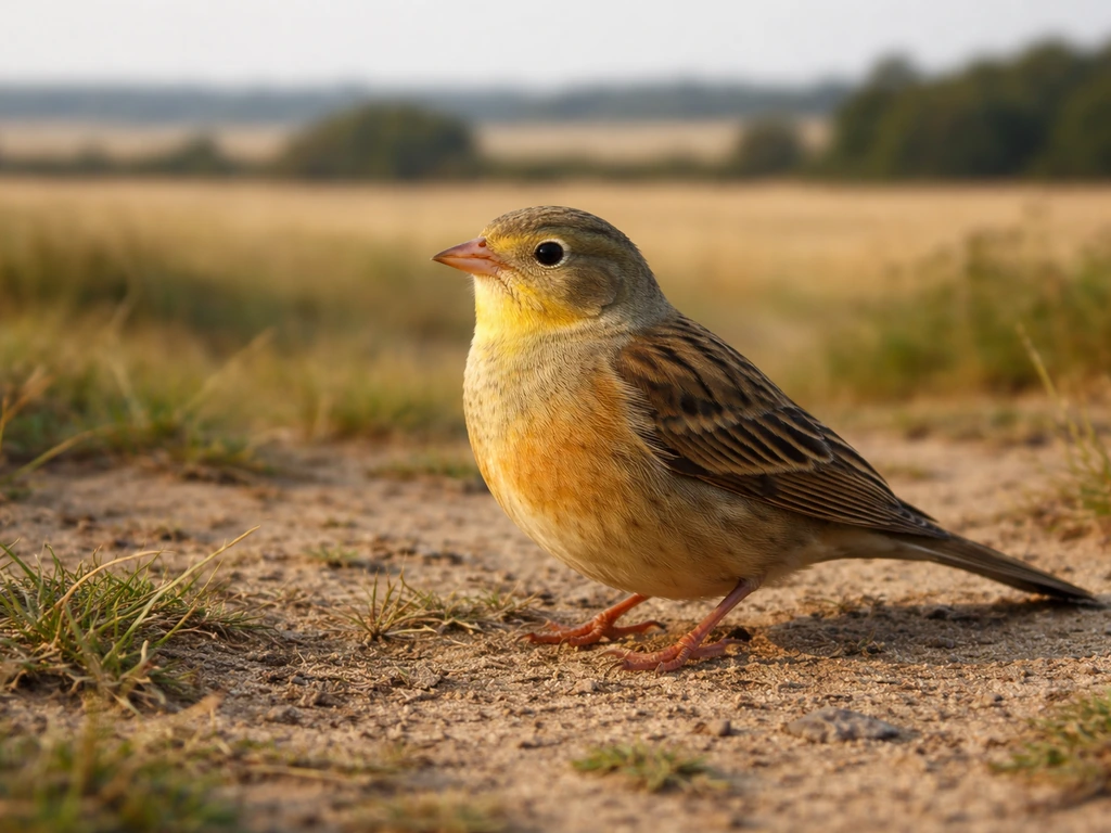 An ortolan bunting perched on bare ground in European farmland with sparse vegetation in soft daylight.