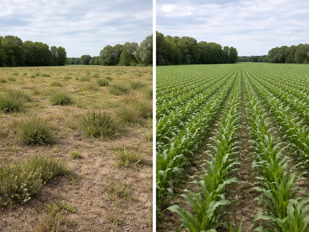 Left: traditional farmland with bare patches and sparse weeds; right: modern intensively farmed field with uniform cover