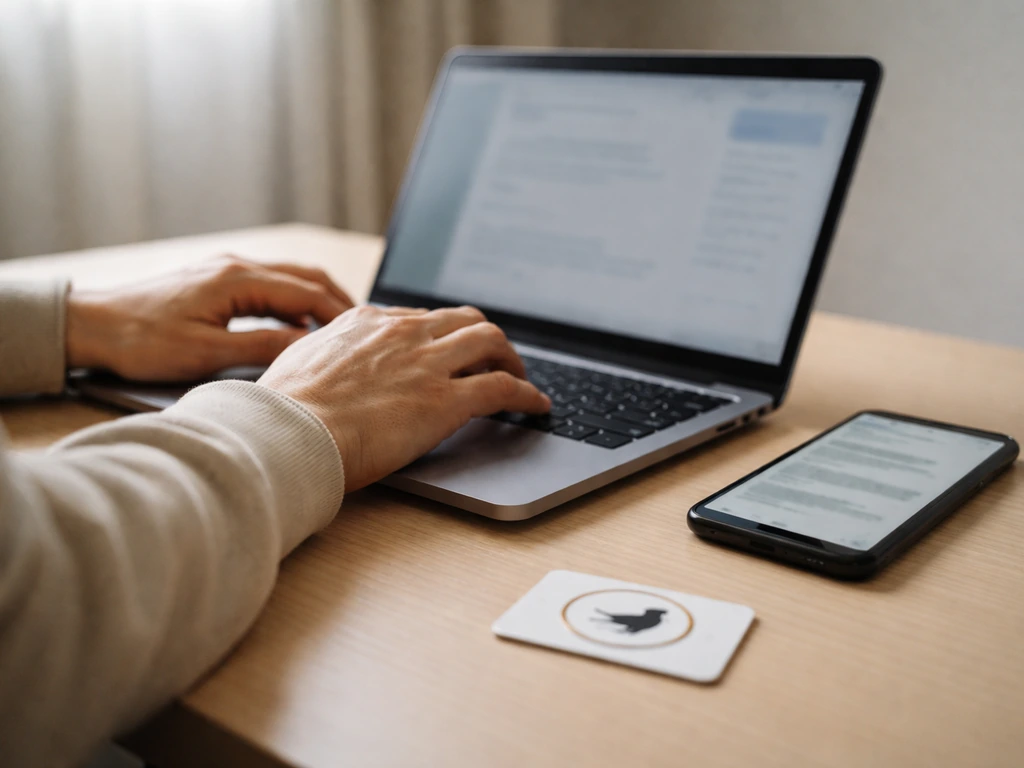 Person at a desk with laptop open to conservation website search and an authority-style status icon.