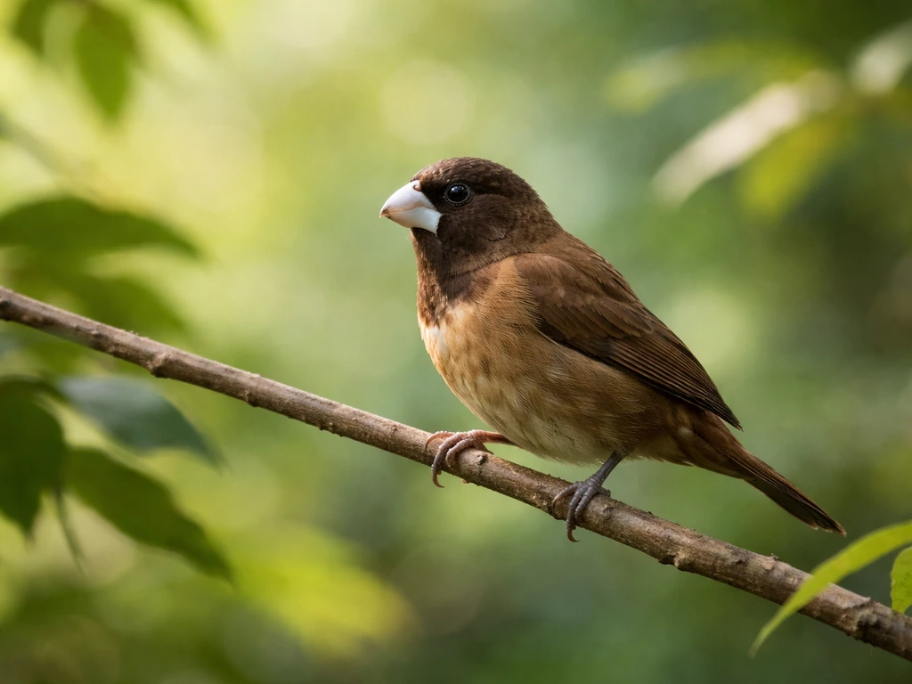 Chestnut munia (“Maya bird”) perched on a branch with soft green jungle background bokeh.