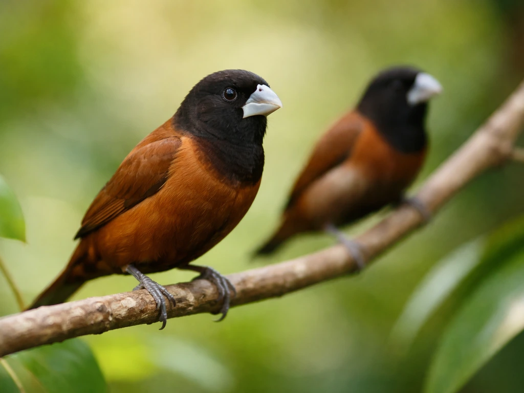 Small chestnut munia bird perched on a branch, with soft natural background suggesting tropical Philippines