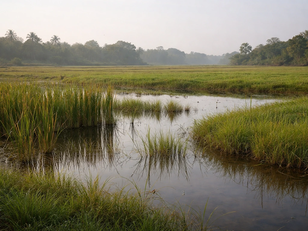 Reed beds and grassy lowland fields with shallow water, showing the munia’s habitat and habitat loss context.