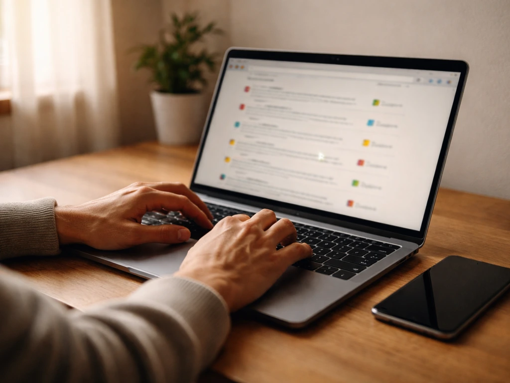 Person using a laptop to search an online conservation status listing in a quiet home workspace.