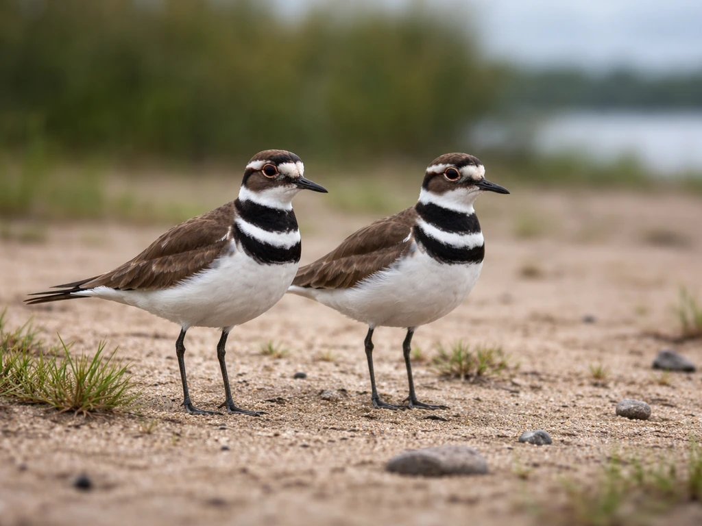 Killdeer birds standing on a sandy shoreline with sparse grass in an open natural habitat.