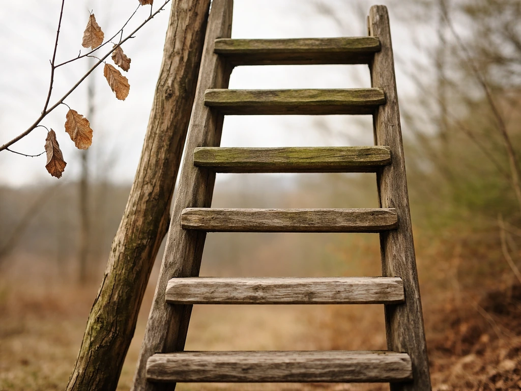 Minimal wooden ladder of weathered steps outdoors, symbolizing conservation categories without text.