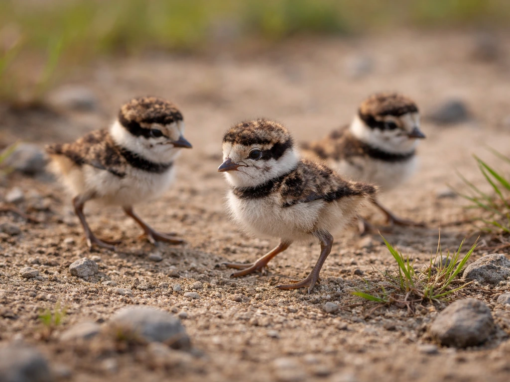 Fully feathered killdeer chicks on bare ground shortly after hatching, alert and mobile.