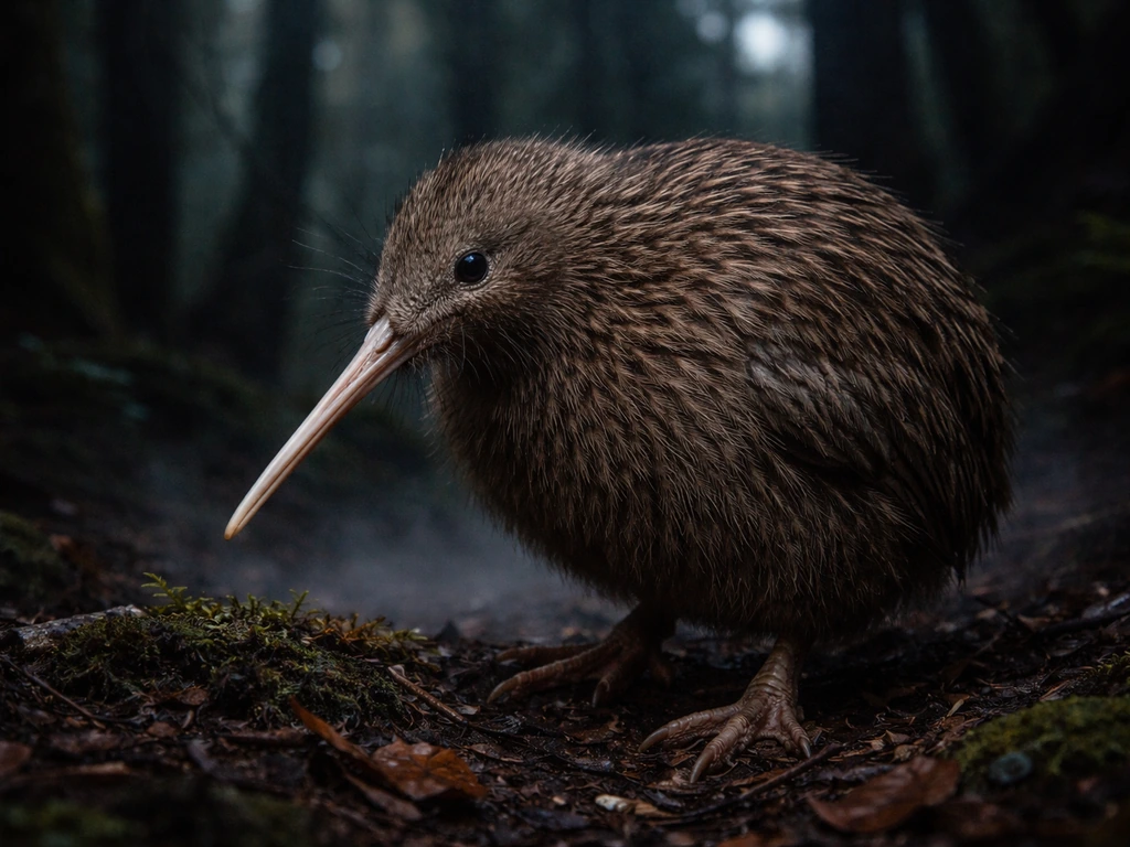 Flightless kiwi bird standing in a misty New Zealand forest at dusk, reduced wings visible.