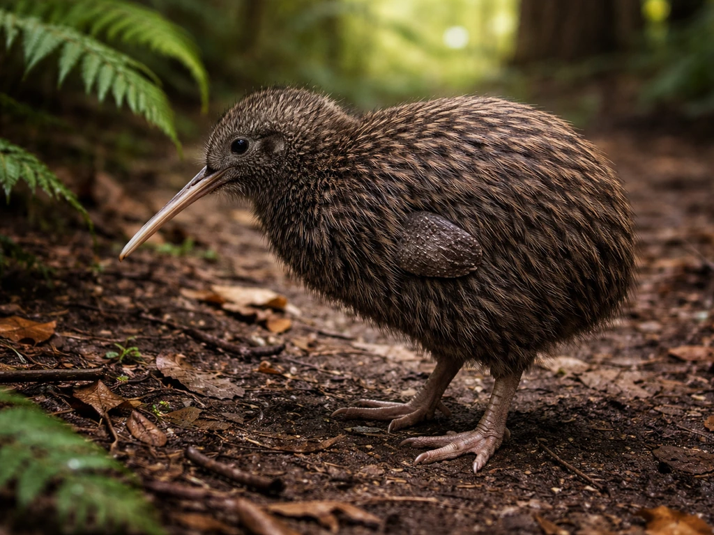 Kiwi on a forest floor with visibly reduced wings, illustrating flightlessness.