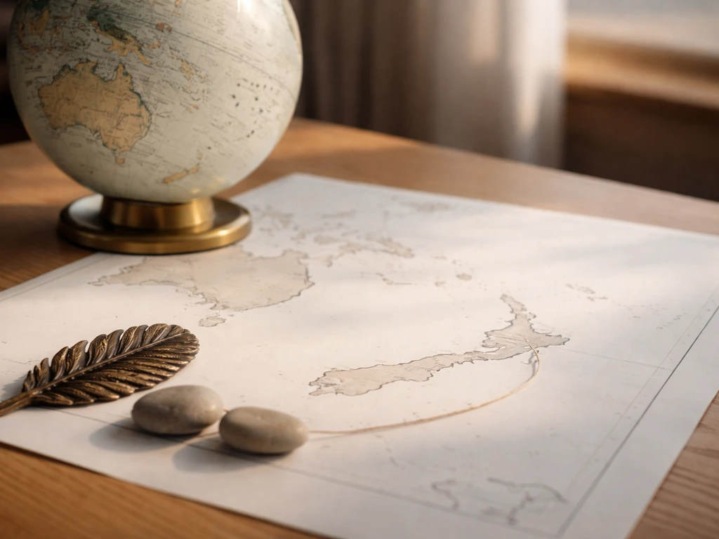 Globe and blank South Pacific map with a small ratite-feather sculpture suggesting isolation and lineage.