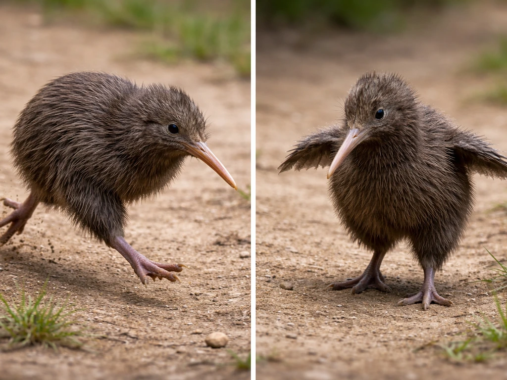Two kiwis side-by-side: one running, one using tiny vestigial wings for balance and steering.