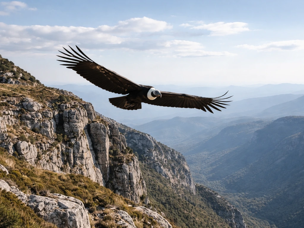 Andean condor soaring over high-elevation cliffs and grassy slopes in the mountains