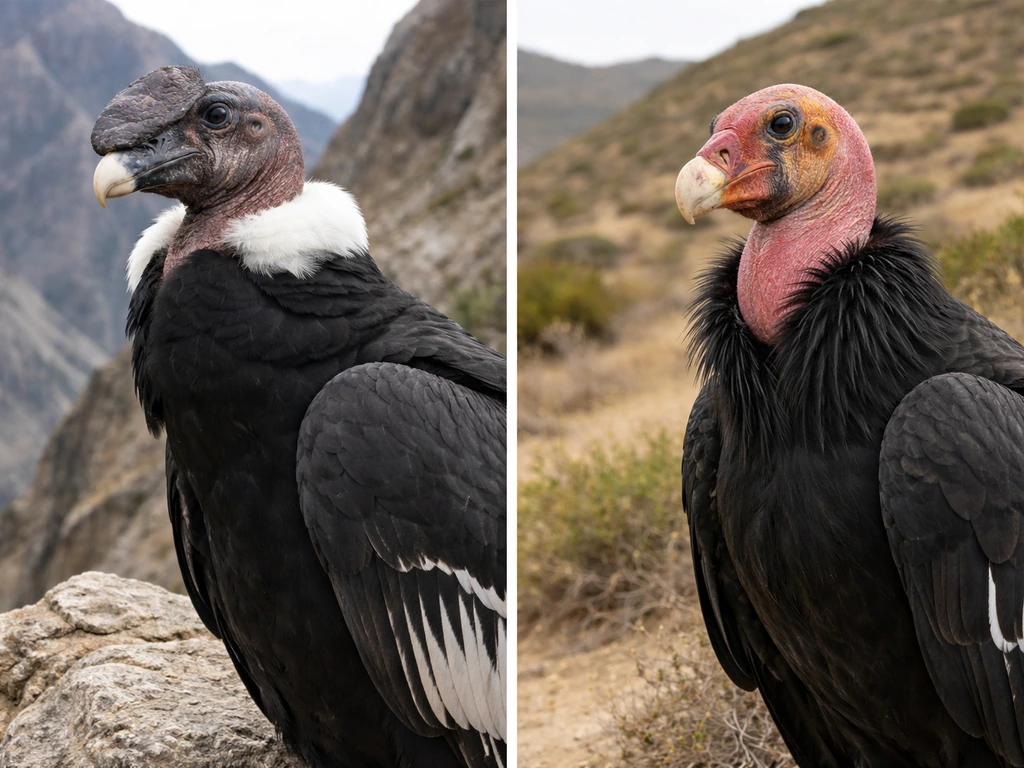 Side-by-side photos of two different condors: Andean condor on rocky cliffs and California condor on arid hills.