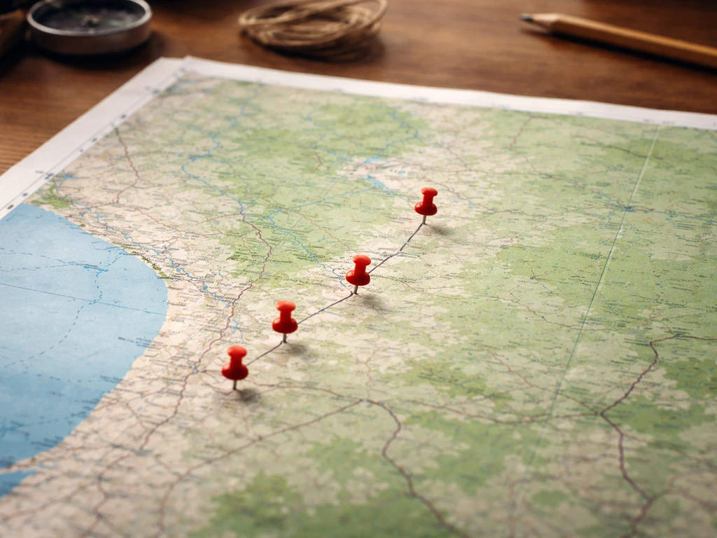 Overhead photo of a paper map focused on southwestern Brazil near Bolivia, with a few pins marking areas.