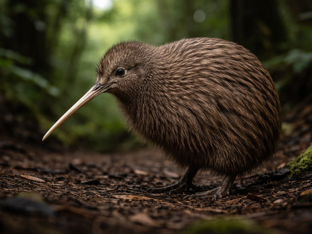 A flightless kiwi stands on a forest floor, with tiny wing shapes subtly suggested beneath its feathers.