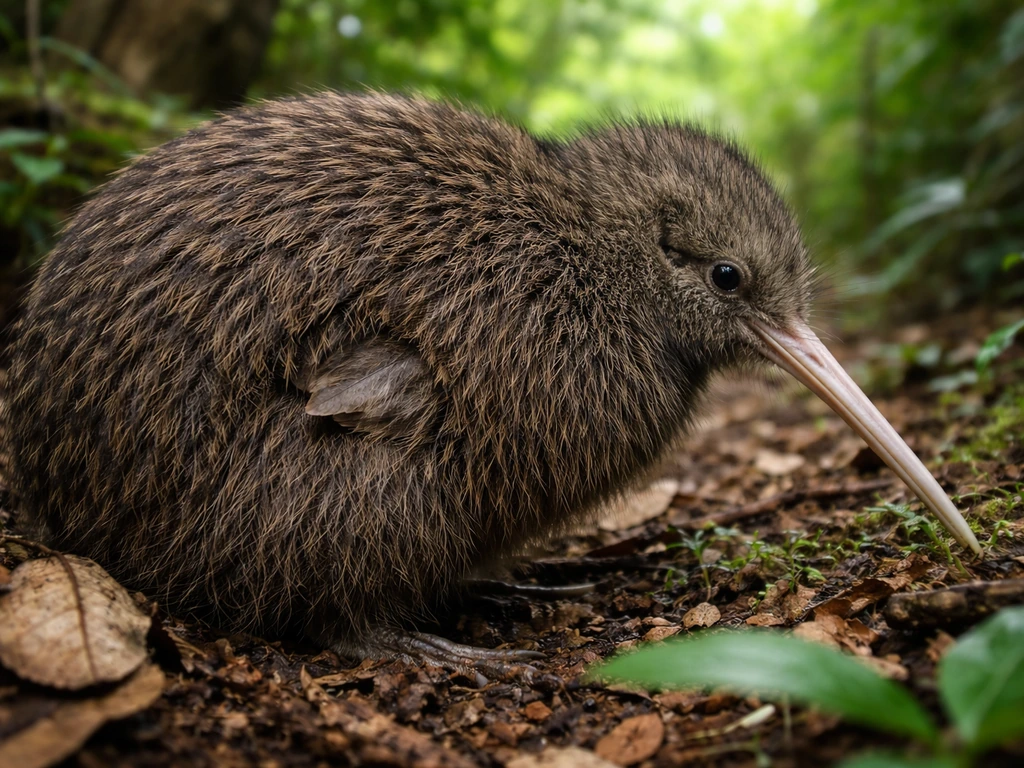 Kiwi bird in forest undergrowth showing tiny hidden vestigial wing flaps beneath dense feathers.