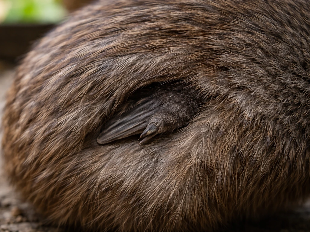 Close-up of a kiwi’s tiny wing hidden under dense feathers, showing it isn’t used for flight.