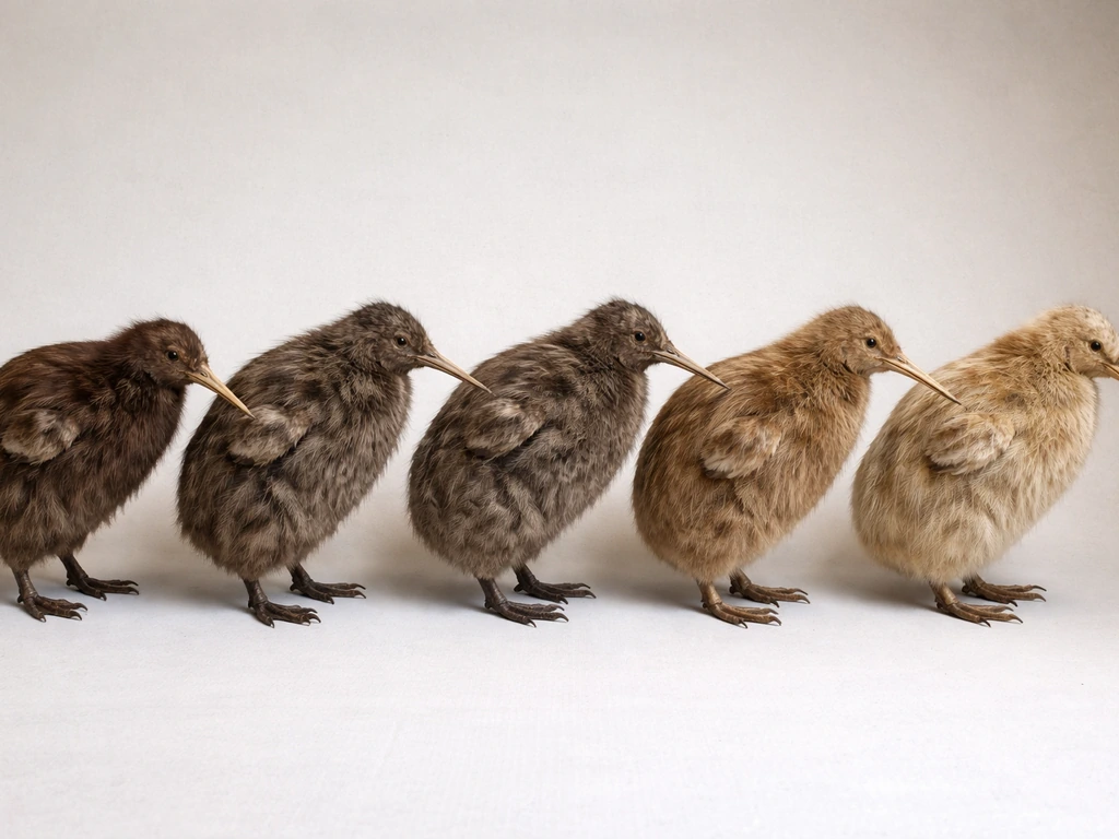 Row of five side-view kiwi specimens showing different sizes of vestigial wings.