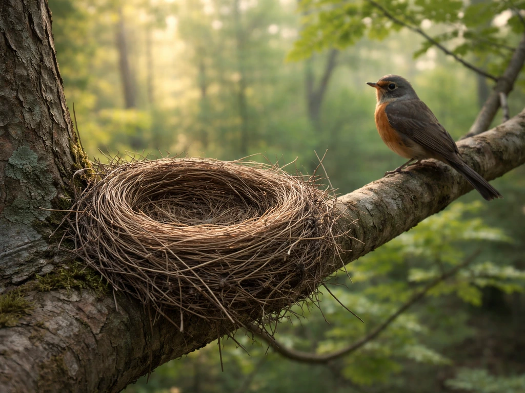 Unoccupied bird nest with an adult bird perched nearby, suggesting it’s delayed rather than abandoned.