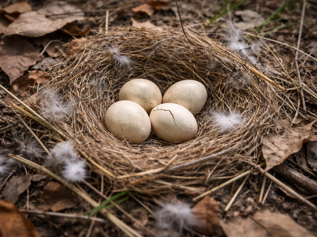 Close-up of an eggs-and-nest inspection scene with nearby leaves and twigs in natural light.