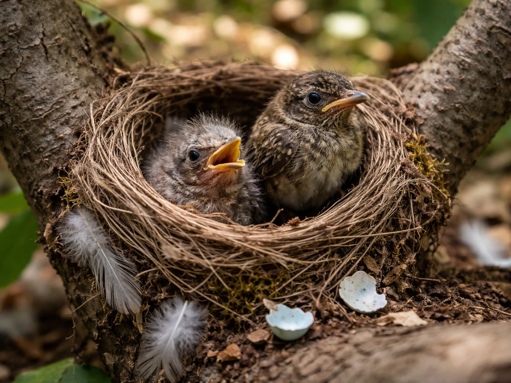 Downy nestlings and more feathered fledgling in a small tree nest with a few feathers and eggshell bits.